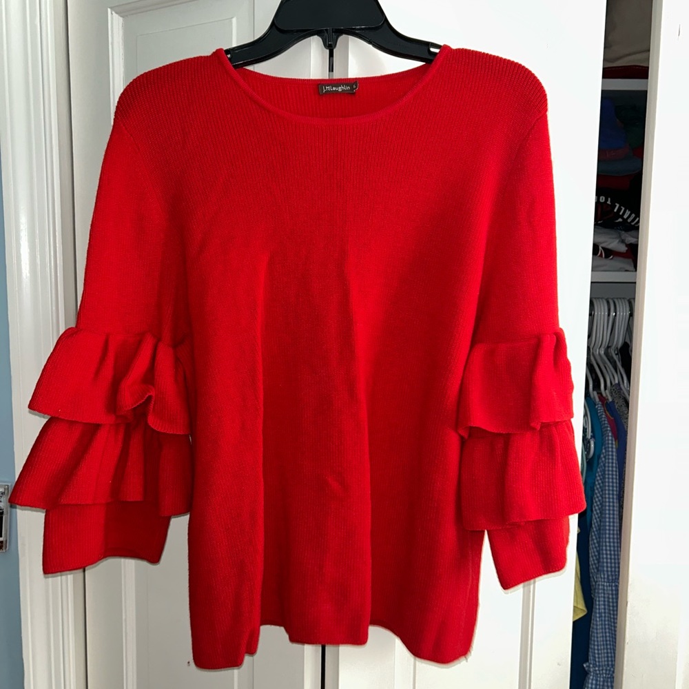J. McLaughlin Ruffled Sleeve Red Sweater